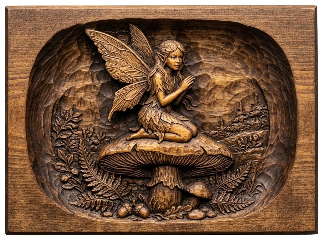 Woodland Fairy Kneeling on Mushroom CNC Relief STL bas-relief STL — view 4