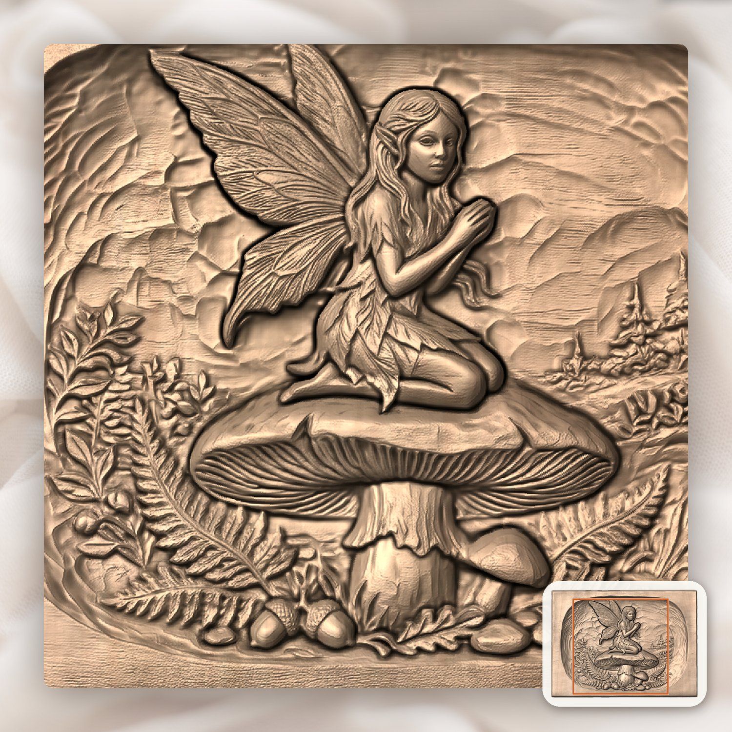 Woodland Fairy Kneeling on Mushroom CNC Relief STL bas-relief STL — view 7