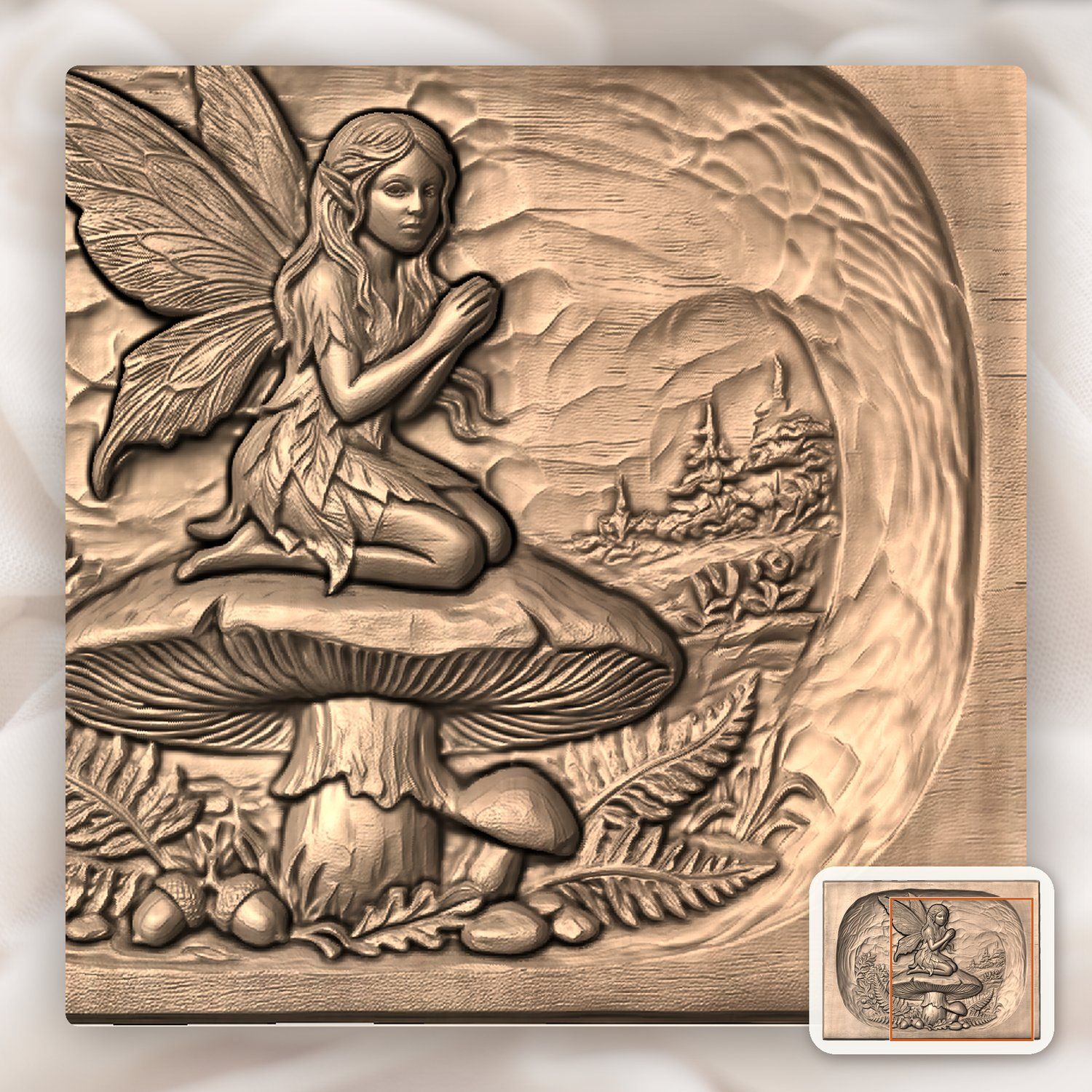 Woodland Fairy Kneeling on Mushroom CNC Relief STL bas-relief STL — view 9