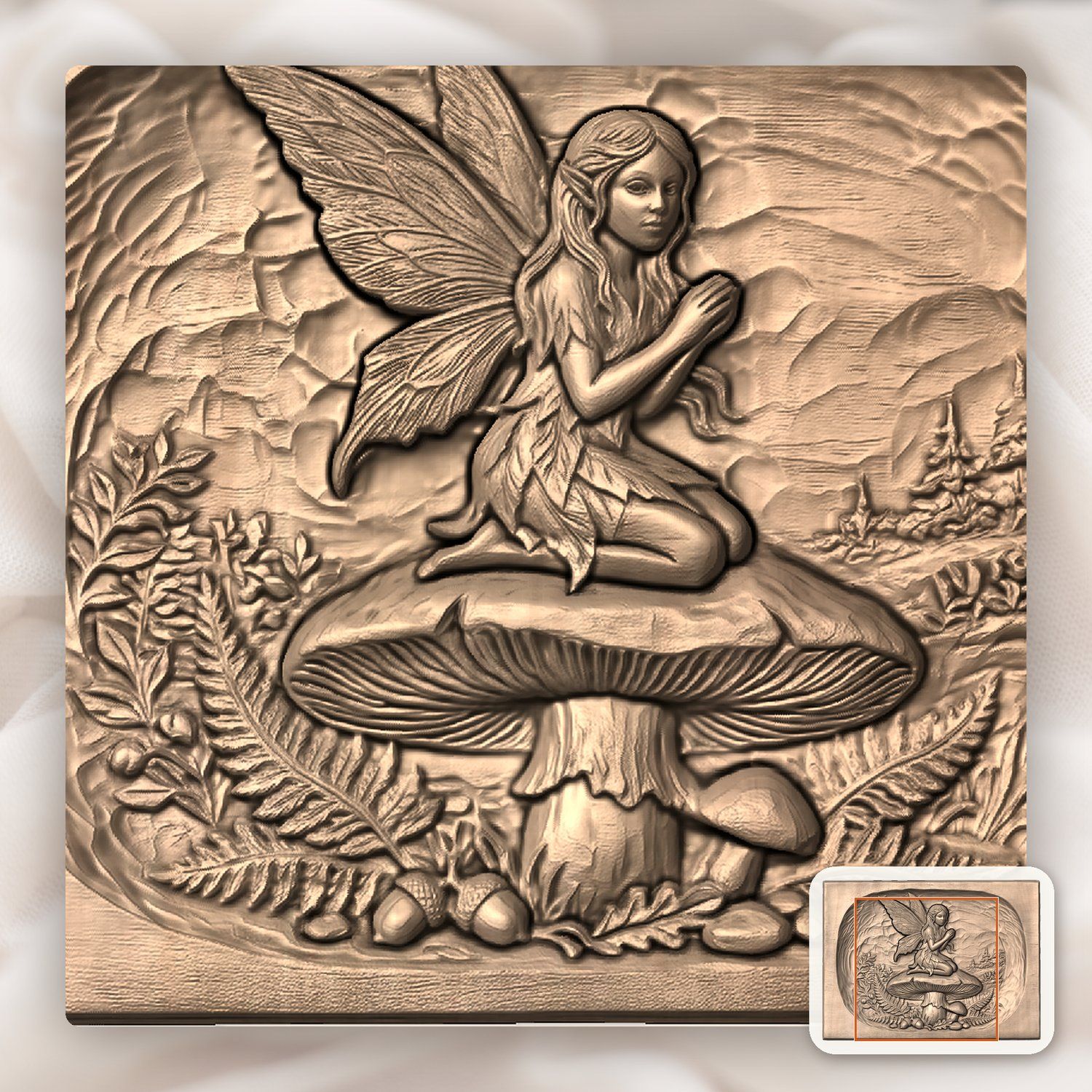 Woodland Fairy Kneeling on Mushroom CNC Relief STL bas-relief STL — view 10