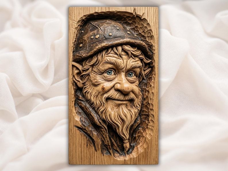 Carved wood relief of a bearded gnome face wearing a hat, peering from a chiseled hollow panel