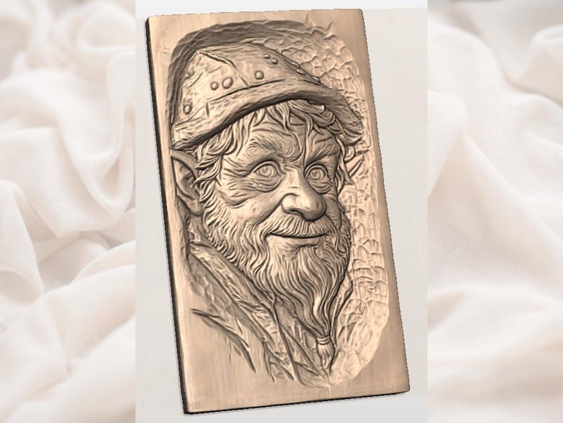 Bearded Woodland Gnome Face 3D Relief STL for CNC Carving bas-relief STL — view 3