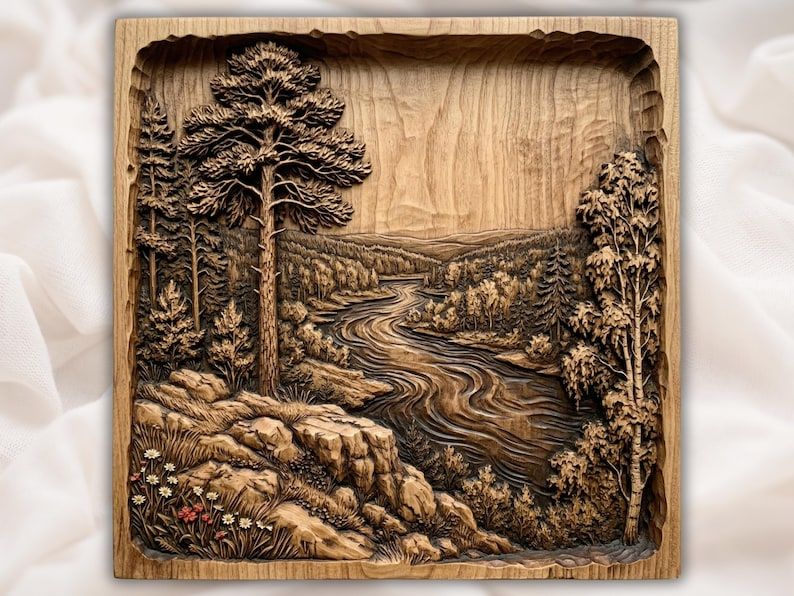 Bas-relief wood carving of a winding river through a pine forest valley with rocks and wildflowers
