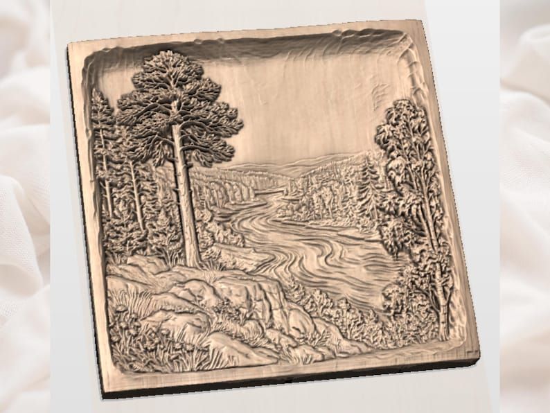 Winding River Through a Pine Forest Valley Relief STL bas-relief STL — view 2