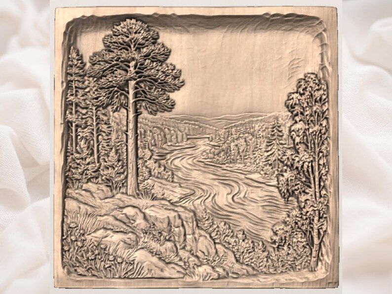 Winding River Through a Pine Forest Valley Relief STL bas-relief STL — view 3