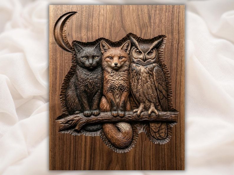 Carved wood relief of a cat, fox, and owl sitting on a branch under a crescent moon