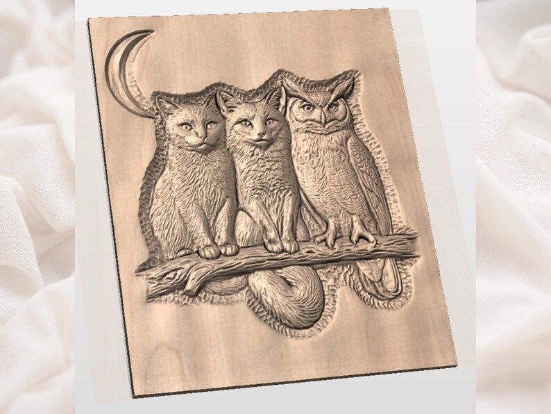 Cat, Fox and Owl on a Branch Under a Crescent Moon Relief STL bas-relief STL — view 2