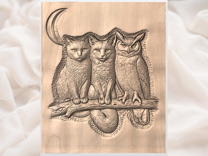 Cat, Fox and Owl on a Branch Under a Crescent Moon Relief STL bas-relief STL — view 3