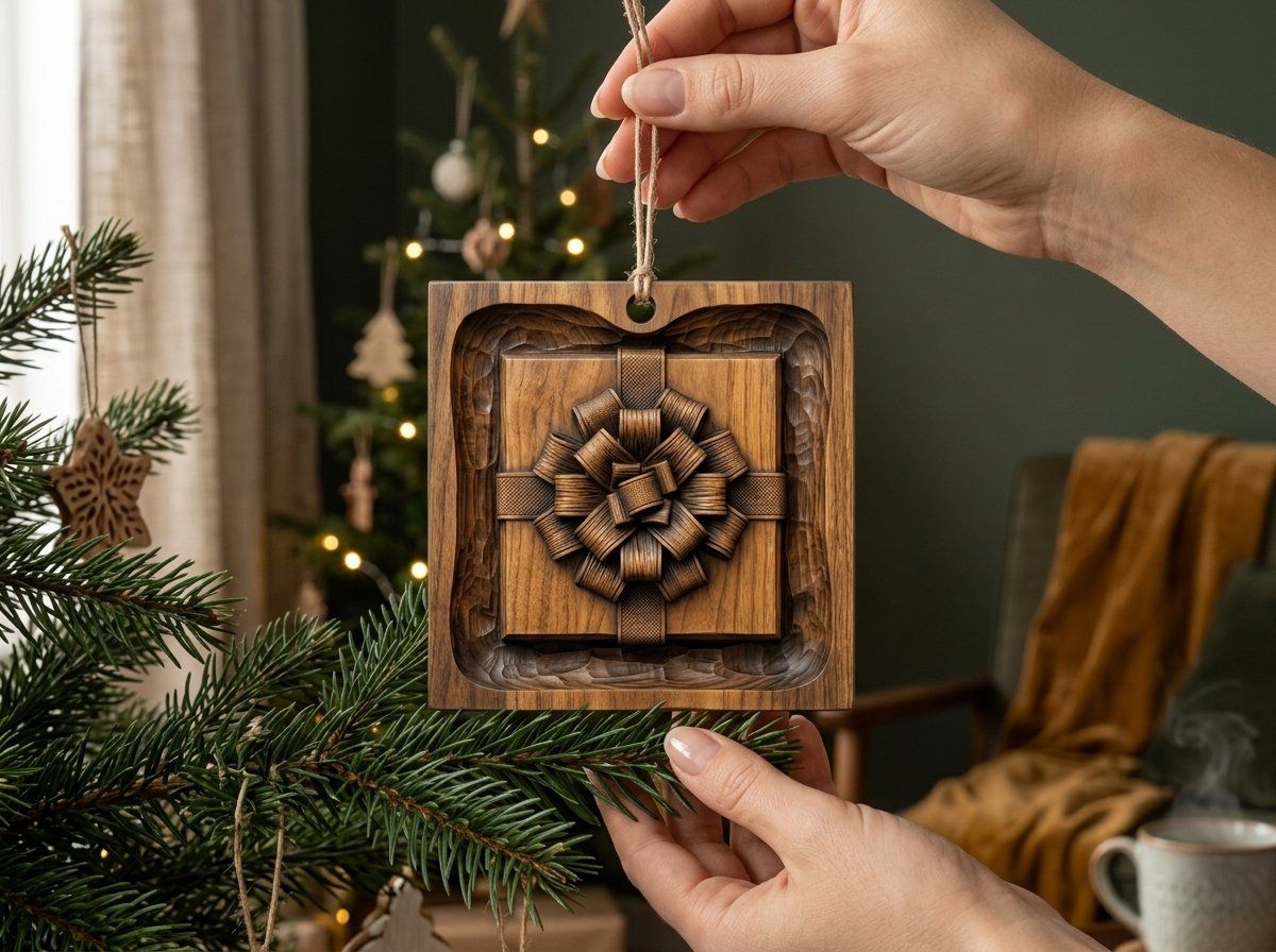 Wrapped Gift Box Ornament CNC Relief STL | Holiday Wood Carving Design | Christmas Decor Project — carved bas relief STL file for CNC