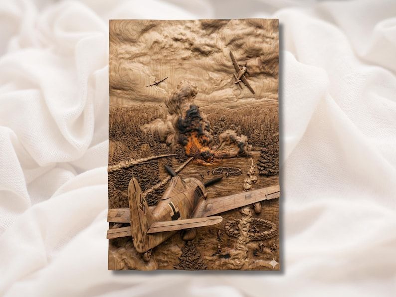 Wood relief carving of a WW2 dogfight with a crashed fighter plane, burning forest, smoke, and two aircraft overhead