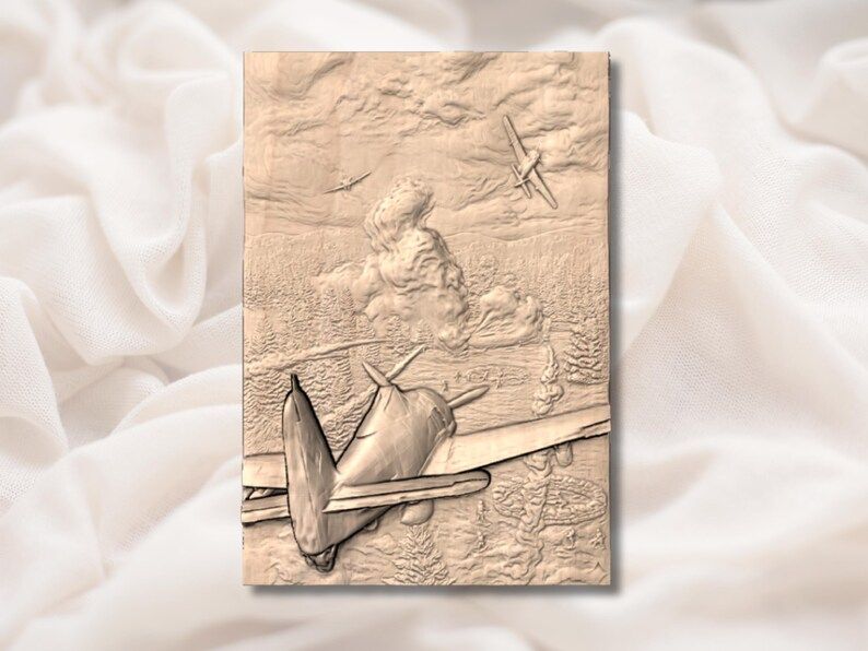 WW2 Dogfight Relief: Crashed Fighter and Burning Forest STL bas-relief STL — view 2