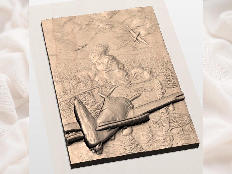 WW2 Dogfight Relief: Crashed Fighter and Burning Forest STL bas-relief STL — view 3