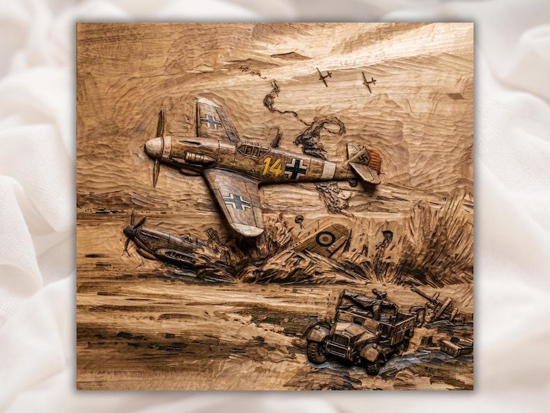 Carved wood relief of a WWII Bf 109 fighter plane diving over a battlefield with a wreck and truck below