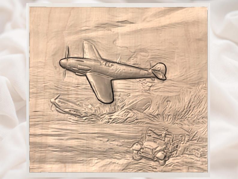 Bf 109 Fighter Diving Over a Battlefield WWII Relief STL bas-relief STL — view 3