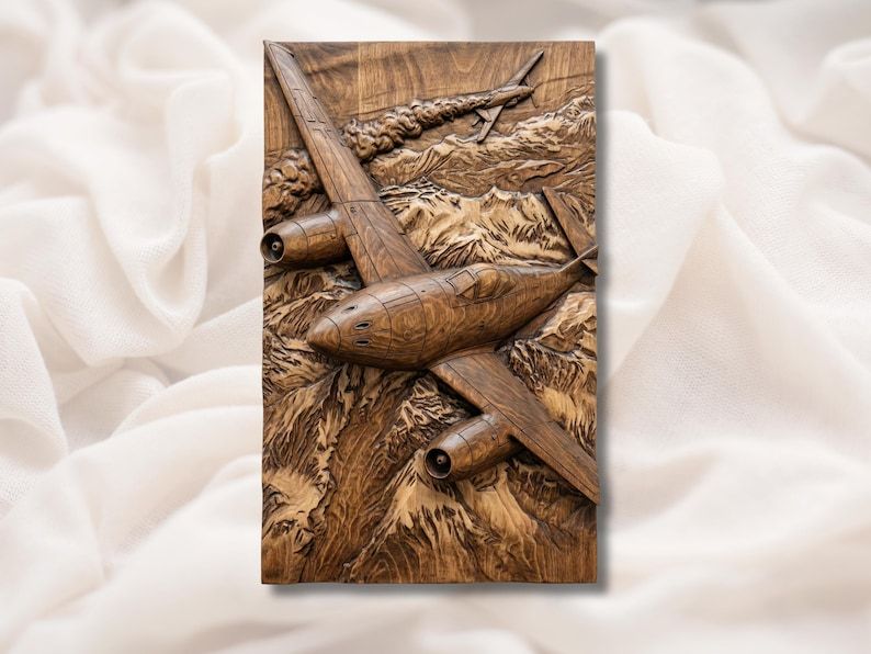 Carved wood bas-relief of a twin-engine WWII bomber flying over rugged mountains with a smoking plane behind