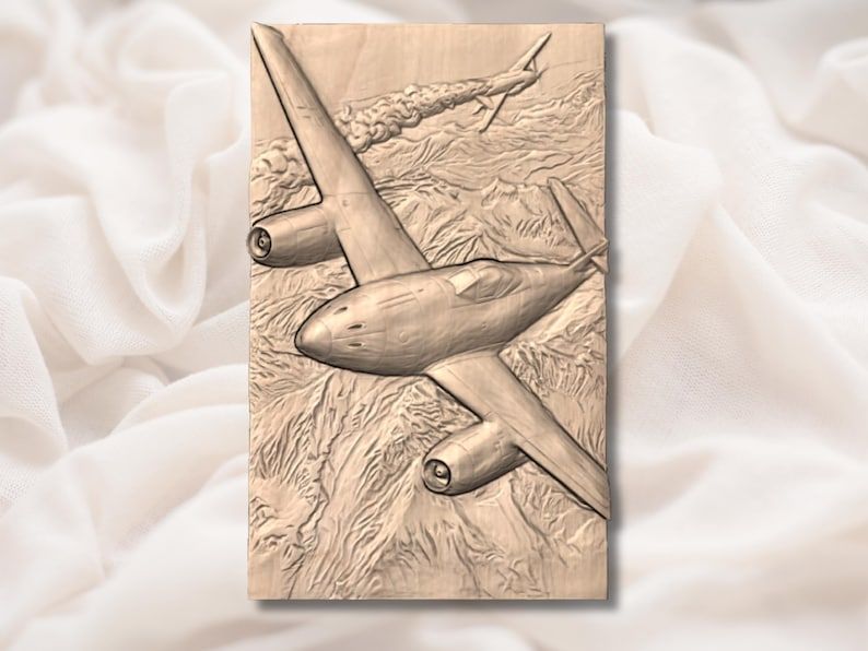 Twin-Engine Bomber Over Mountains Bas-Relief STL Carving bas-relief STL — view 3