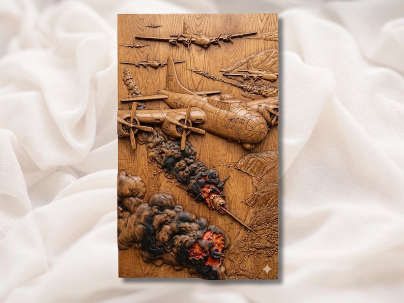 Carved wood bas-relief of WWII bomber planes in formation with one plane trailing smoke and fire