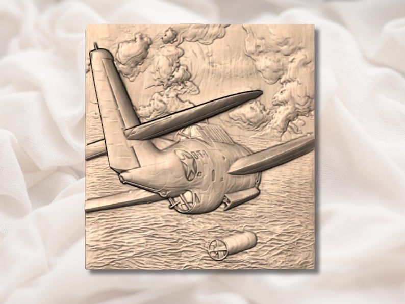 WWII Fighter Plane Diving Over the Sea Bas-Relief STL bas-relief STL — view 2