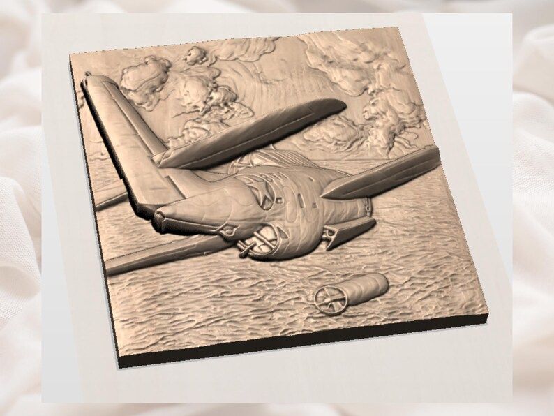 WWII Fighter Plane Diving Over the Sea Bas-Relief STL bas-relief STL — view 3
