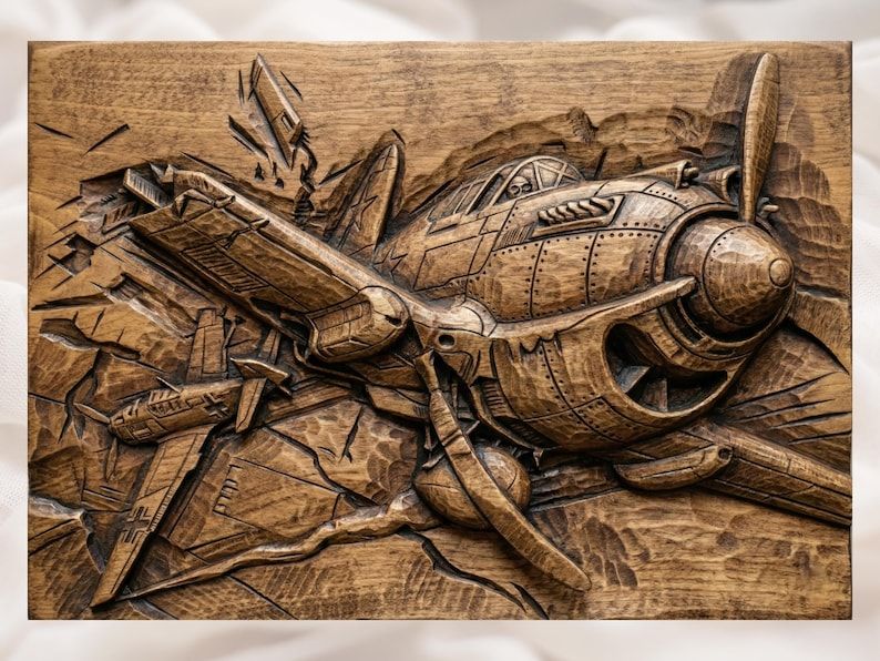 Carved wood bas-relief of a WW2 single-engine propeller fighter plane banking with panel and rivet detail