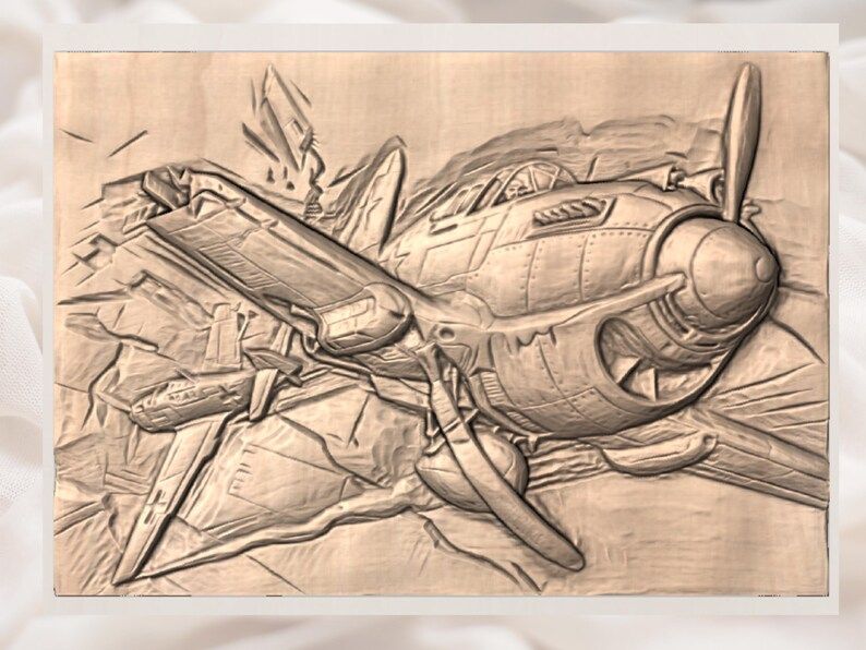 WW2 Propeller Fighter Plane Banking in Flight 3D Relief STL bas-relief STL — view 3