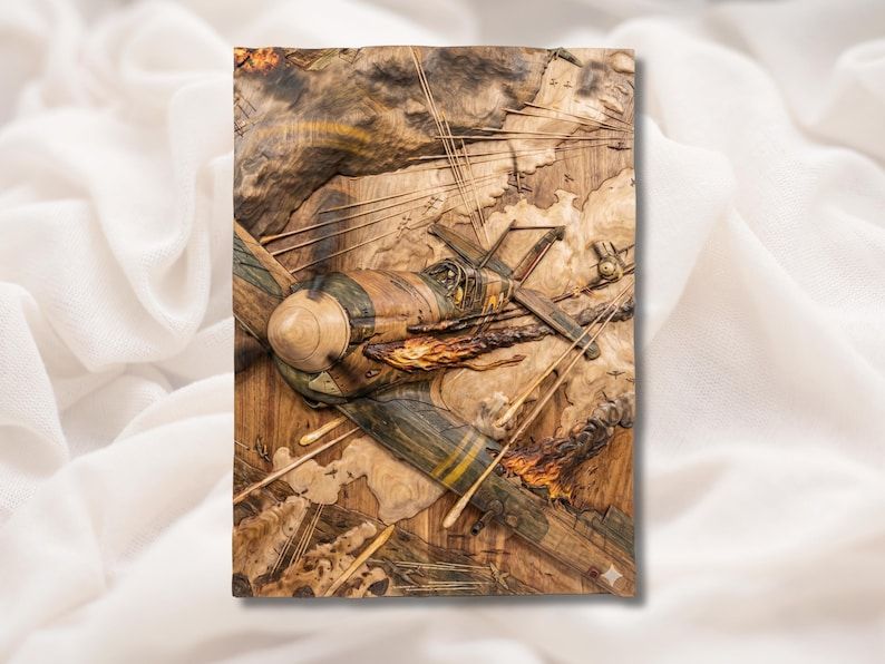Bas-relief wood carving of a WW2 fighter plane in a dogfight with engine fire, smoke, and tracer lines.