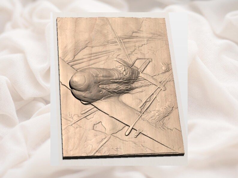 WW2 Fighter Plane in a Burning Dogfight Bas-Relief STL bas-relief STL — view 2