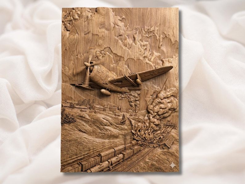 Carved wood bas-relief of a WW2 fighter plane flying low over a burning train and railway yard with smoke