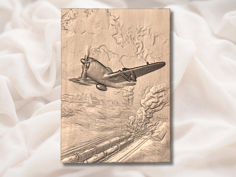 WW2 Fighter Plane Strafing Run Bas-Relief STL Carving bas-relief STL — view 2