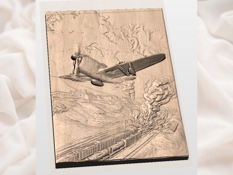 WW2 Fighter Plane Strafing Run Bas-Relief STL Carving bas-relief STL — view 3