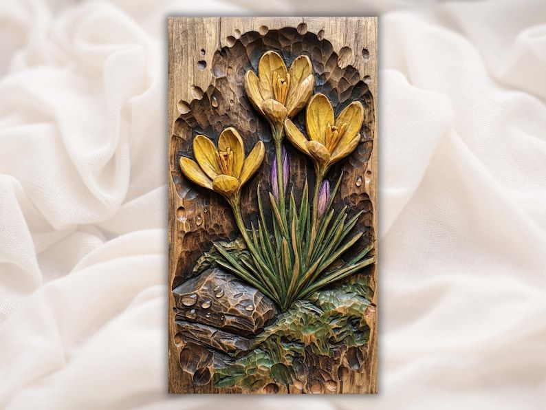 Carved wood bas-relief of three yellow crocus flowers with green leaves and purple buds on rocky ground