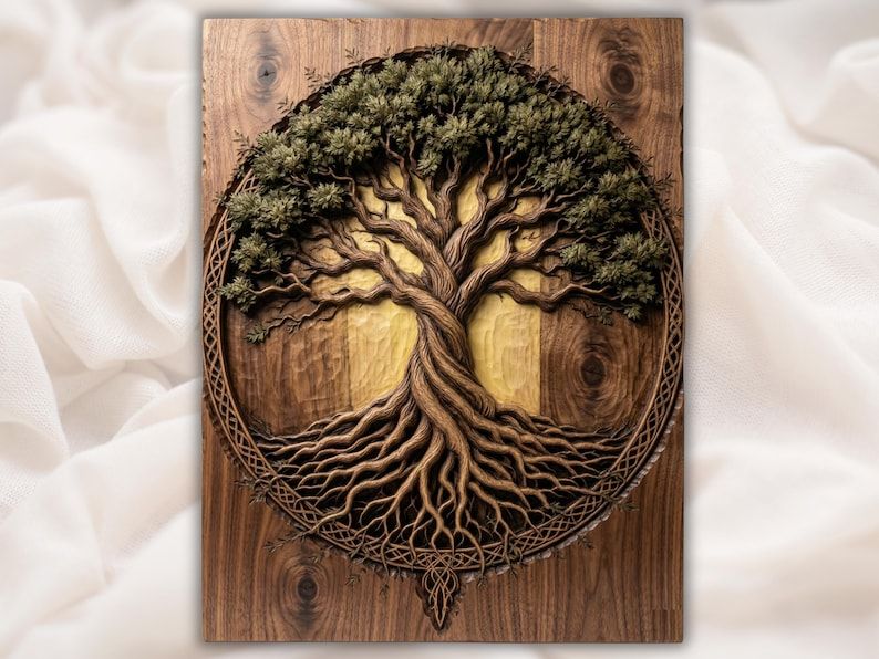 Bas-relief carving of the Yggdrasil Tree of Life with spreading roots inside a Celtic knot circle border