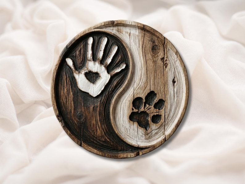 Round wood bas-relief of a yin yang with a human hand and heart on one side and a dog paw on the other.