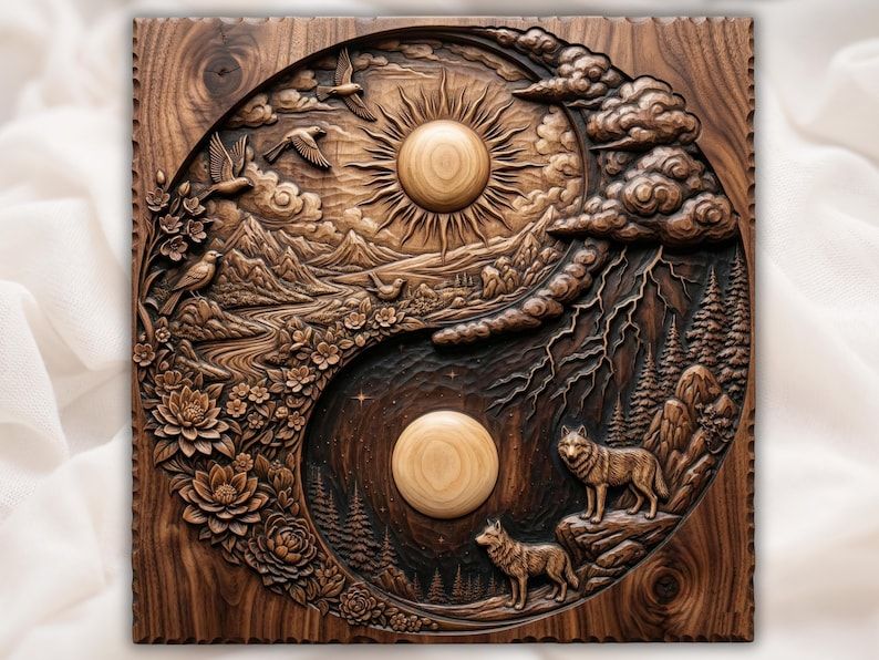 Carved wood relief of a yin yang with sun, mountains and birds on one half, two wolves, moon and forest on the other.