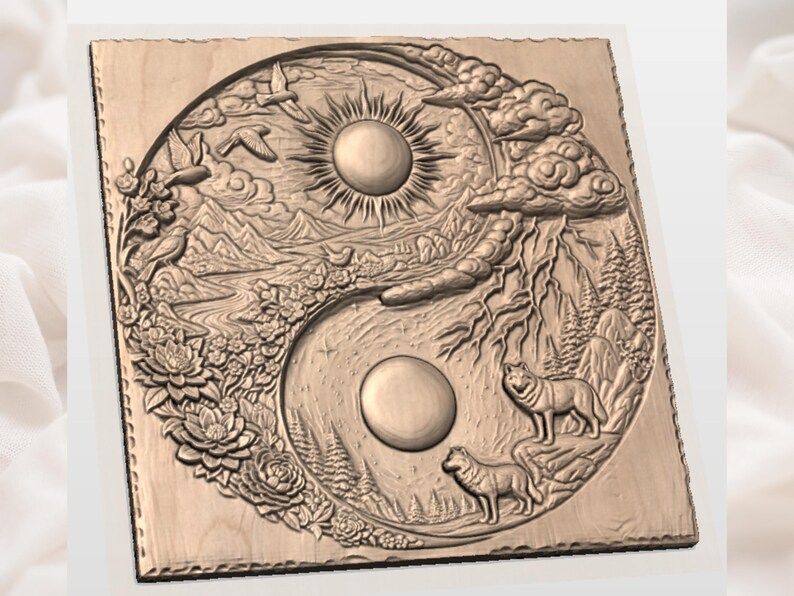Yin Yang Wolves Sun and Moon Nature Relief Carving bas-relief STL — view 2