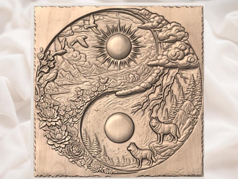 Yin Yang Wolves Sun and Moon Nature Relief Carving bas-relief STL — view 3