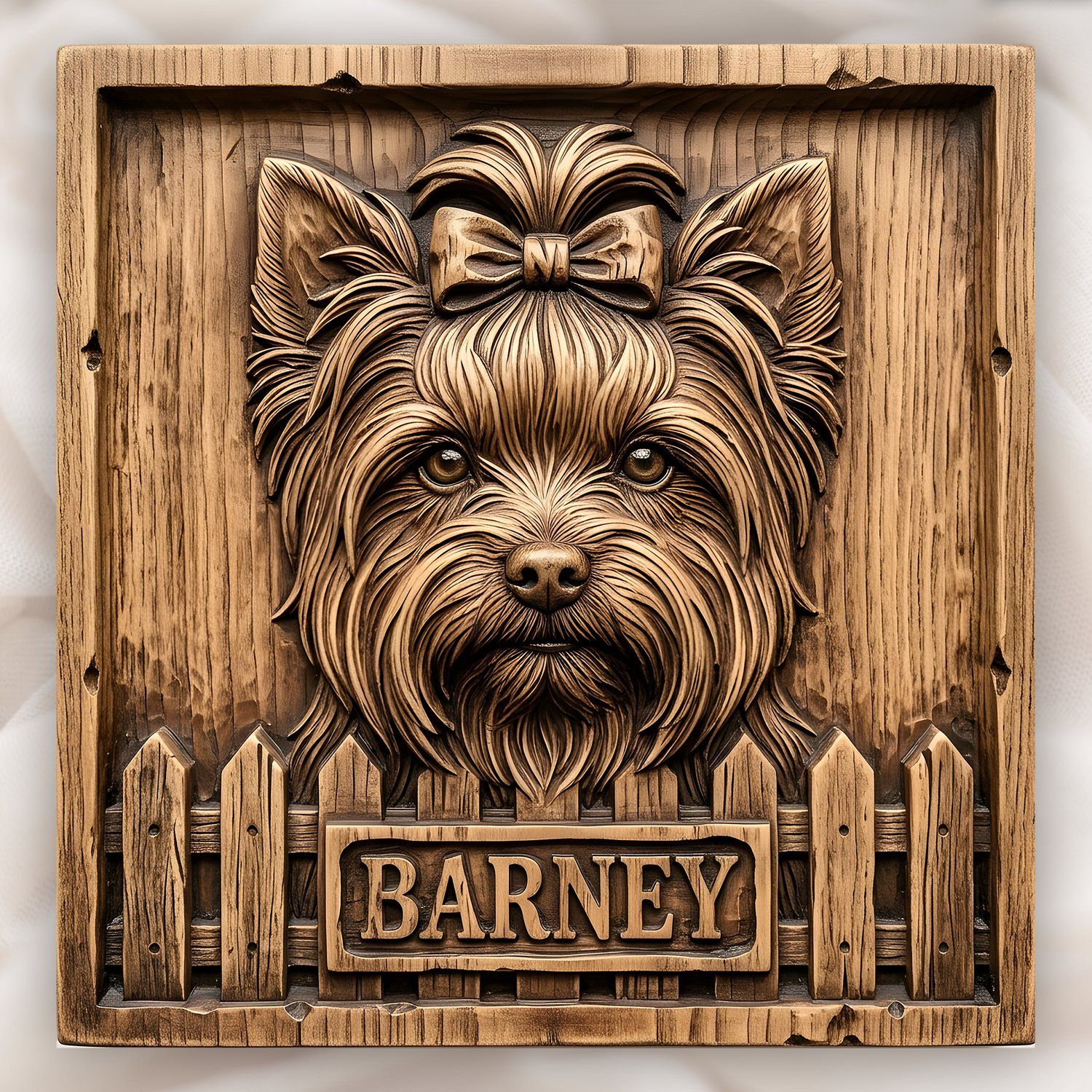 Yorkshire Terrier Dog Portrait CNC Relief STL | Custom Pet Name Sign | Yorkie Animal Wood Carving | Rustic Picket Fence Wall Art — carved bas relief STL file for CNC