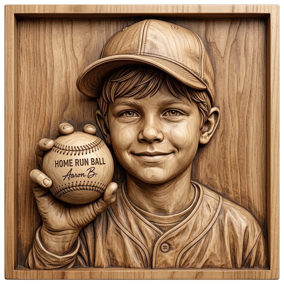 Young Baseball Player Home Run CNC Relief STL | Sports Memorial Wood Carving Design | Little League Wall Art Panel — carved bas relief STL file for CNC