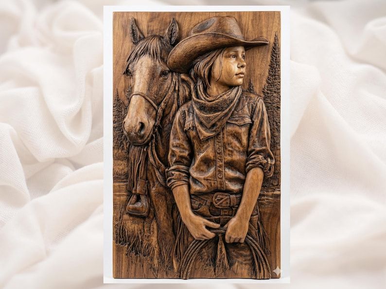 Carved wood bas-relief of a young cowgirl in a hat standing beside her horse with pine trees behind
