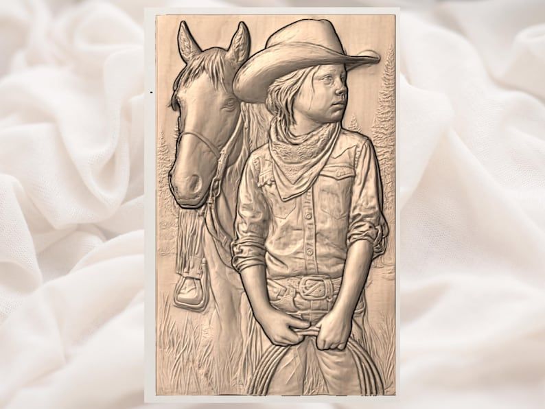 Young Cowgirl and Her Horse Bas-Relief STL Western Portrait bas-relief STL — view 2