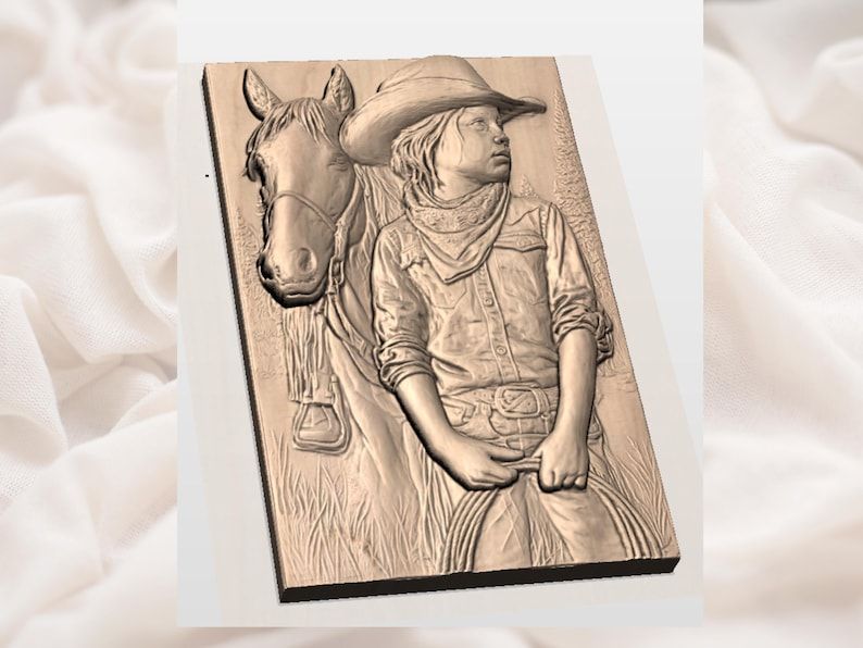Young Cowgirl and Her Horse Bas-Relief STL Western Portrait bas-relief STL — view 3