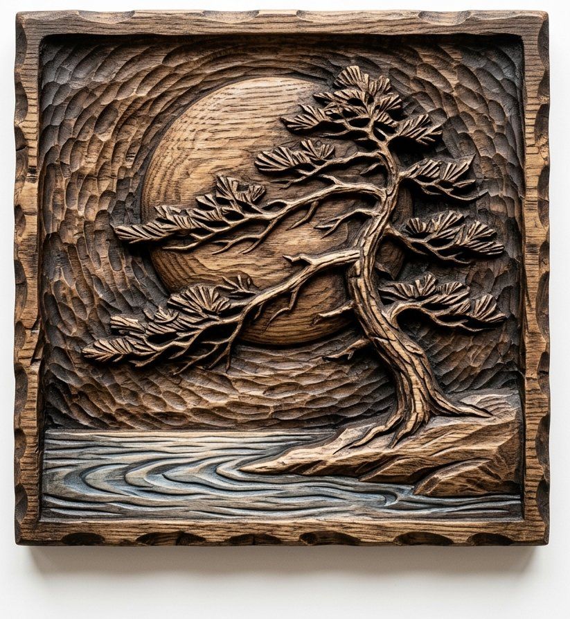 Zen Bonsai Tree Wall Art | Japanese Pine Moon Relief Panel | Oriental Nature Decor | Woodworking Project Design | Aspire VCarve Pro — carved bas relief STL file for CNC
