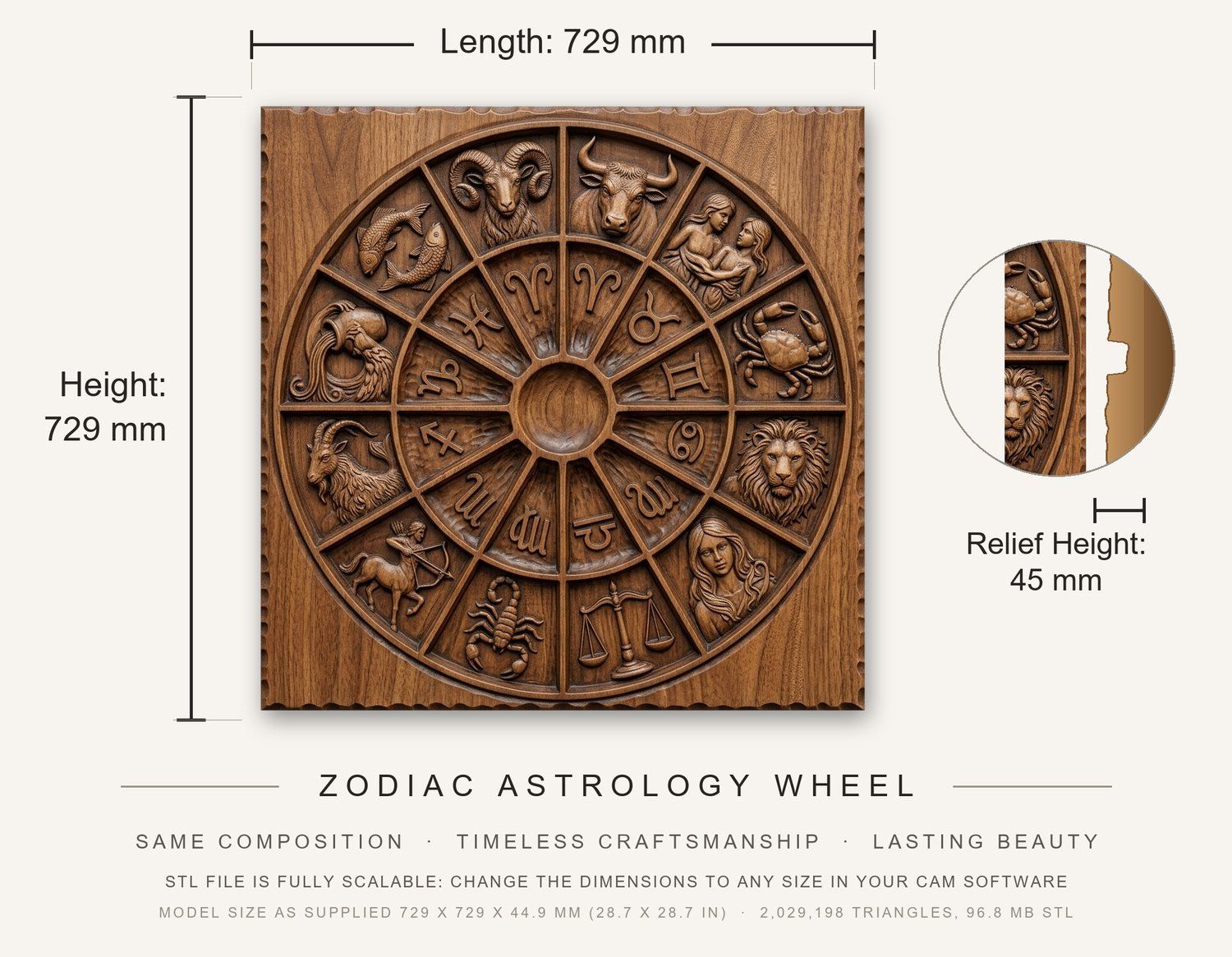 Zodiac Astrology Wheel CNC Relief STL bas-relief STL — view 3